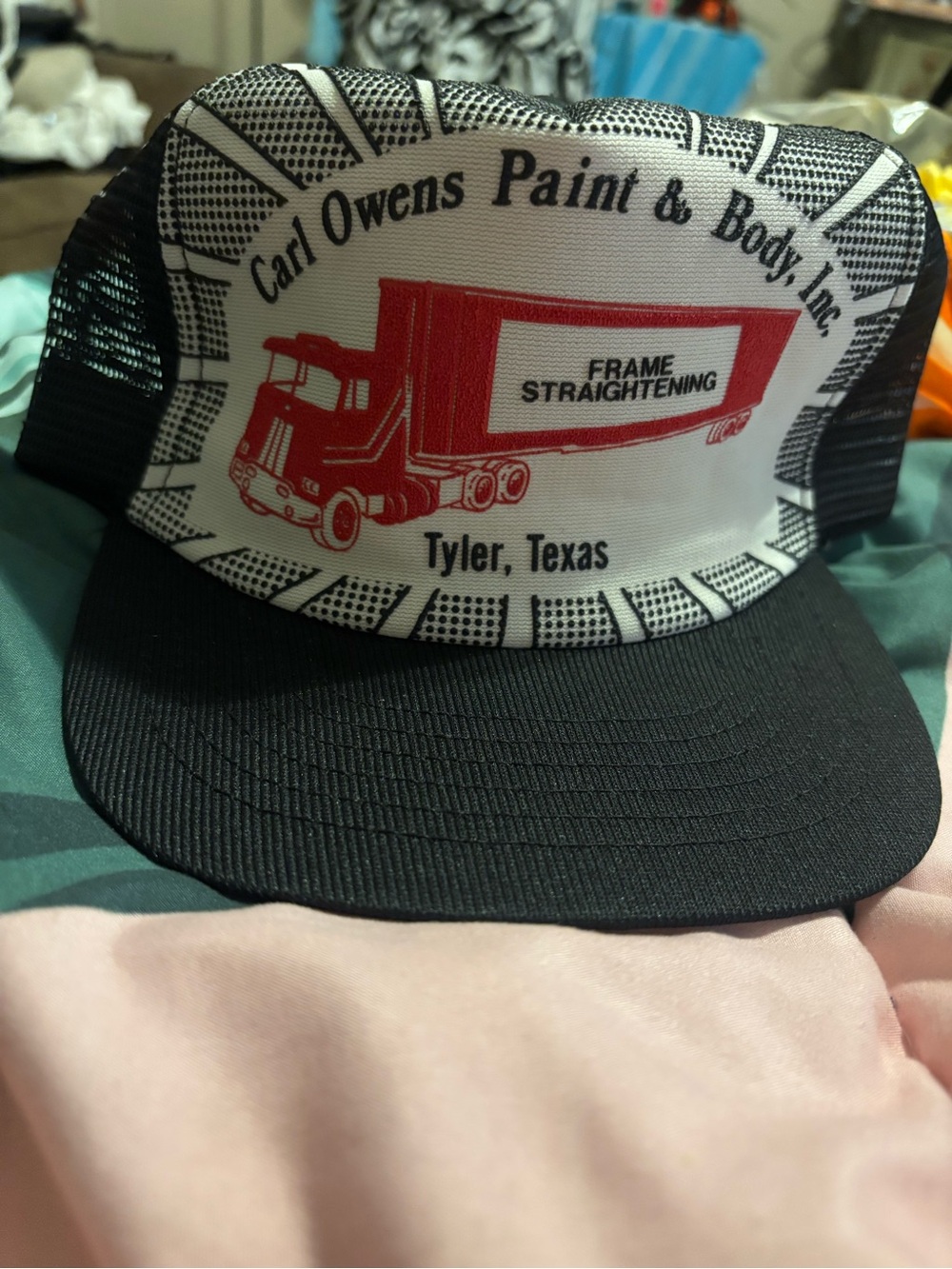 Carl Owens Paint & Body Inc. Black and White Mesh Trucker Hat - Tyler, Texas